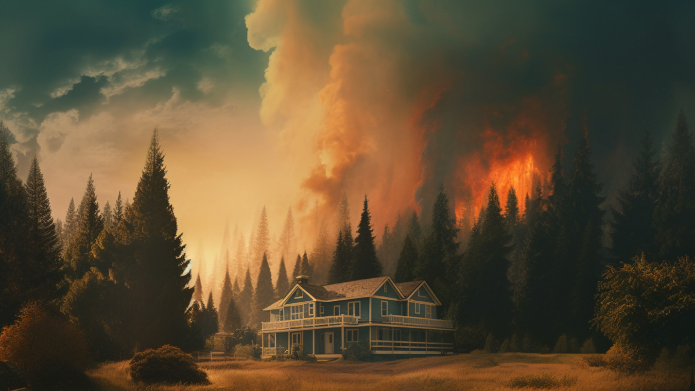 A rural home surrounded by forestry that is avoiding fire damage from the wildfires behind it