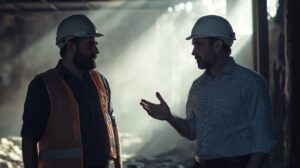 A restoration contractor talking to an insurance adjuster in a fire damaged building