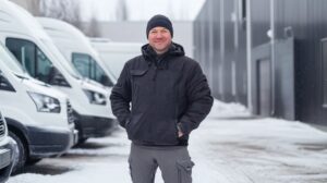 A restoration contractor standing in front of company vehicles and building during winter.