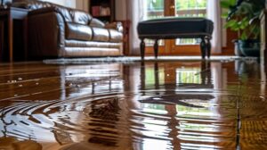 Water flooding a living room floor, requiring water damage restoration.