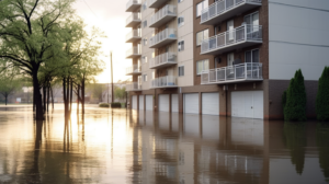 Flood waters surrounding an apartment building that has a disaster preparedness plan.