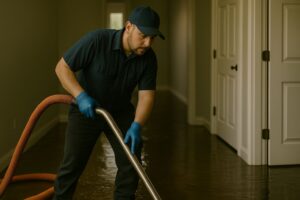 a technician from a water damage mitigation company cleaning up a glood