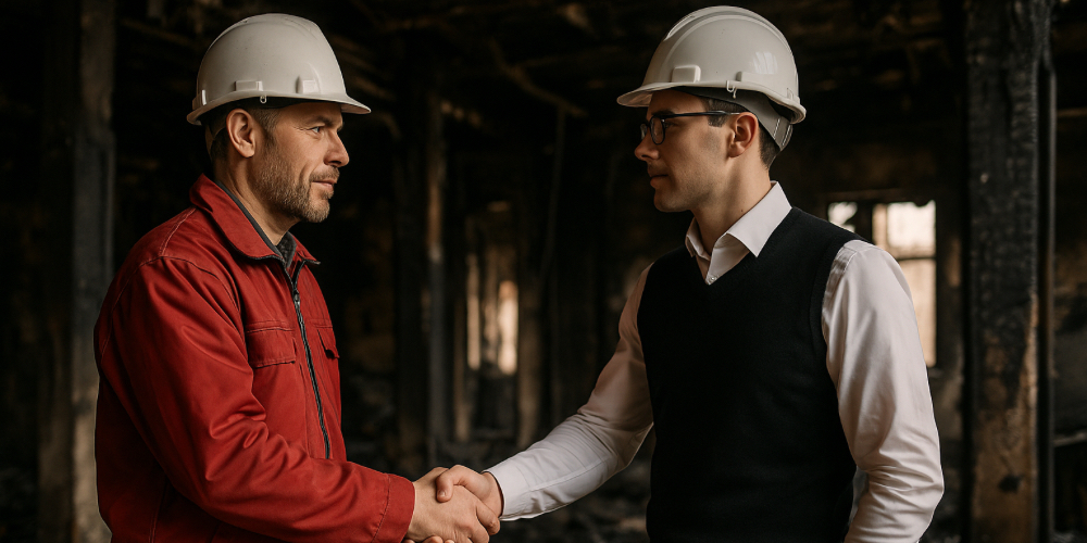 A restoration contractor shaking hands with adjuster for meeting insurance expectations blog.