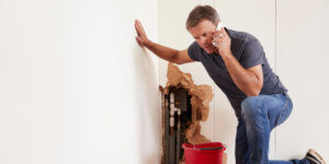 A homeowner making a call after property damage. After determining to call insurance or a contractor first.