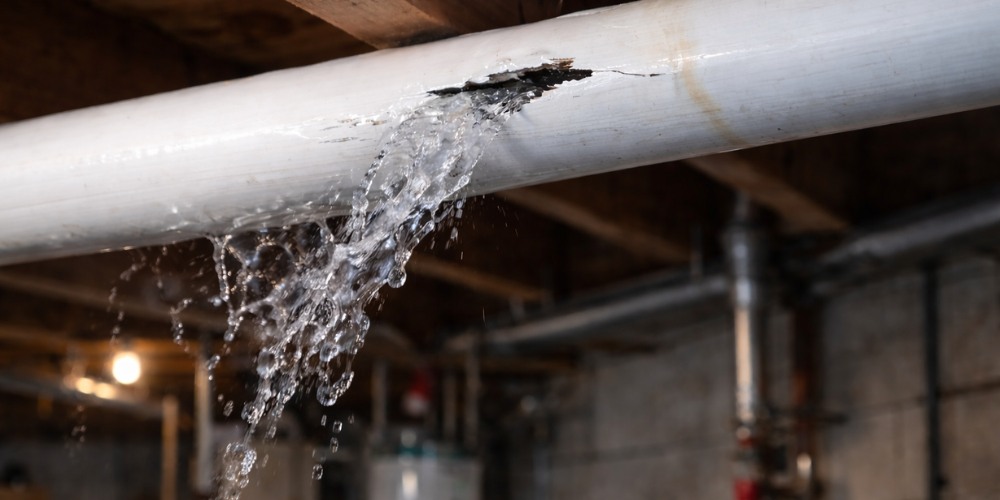Pipe burst flood damage in basement of a home
