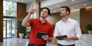 Two men who are conducting emergency planning for commercial and multi-unit residential buildings