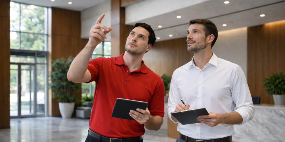 Two men who are conducting emergency planning for commercial and multi-unit residential buildings