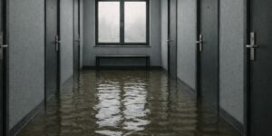 Flooded apartment building hallway. Rental property floods.
