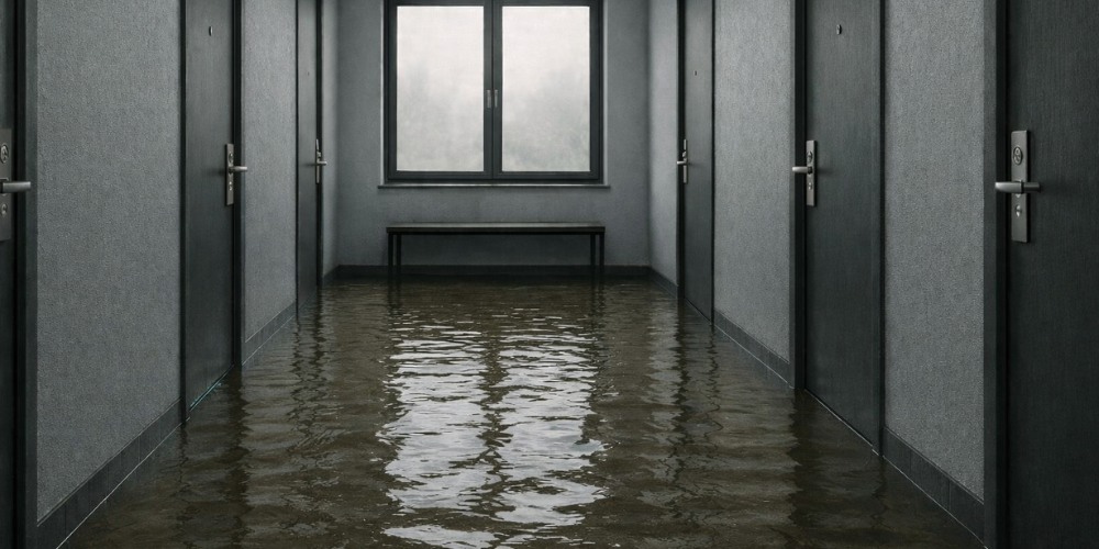 Flooded apartment building hallway. Rental property floods.