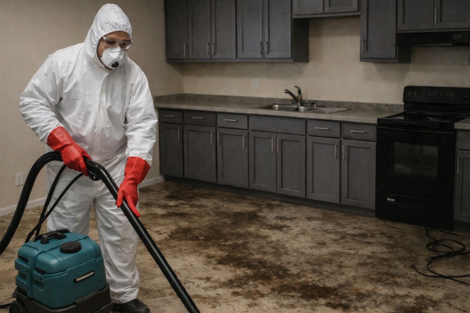 Professional black water damage cleanup in a home