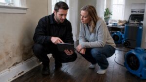 Restoration technician reviewing water damage documentation with a homeowner during an insurance restoration claim during emergency restoration services.