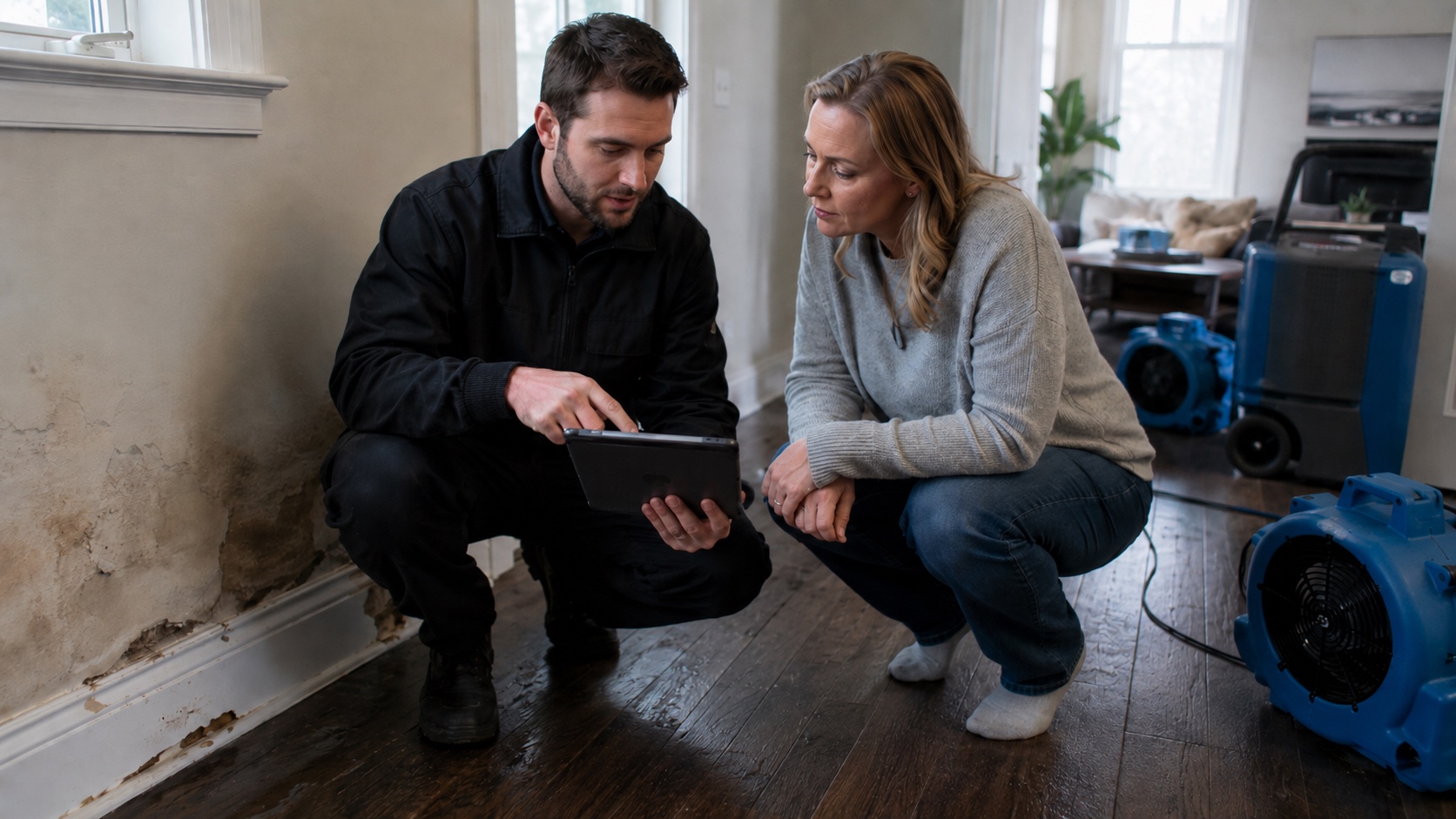 Restoration technician reviewing water damage documentation with a homeowner during an insurance restoration claim during emergency restoration services.