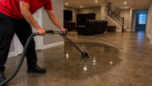 Restoration technician extracting water from a flooded basement in Canada