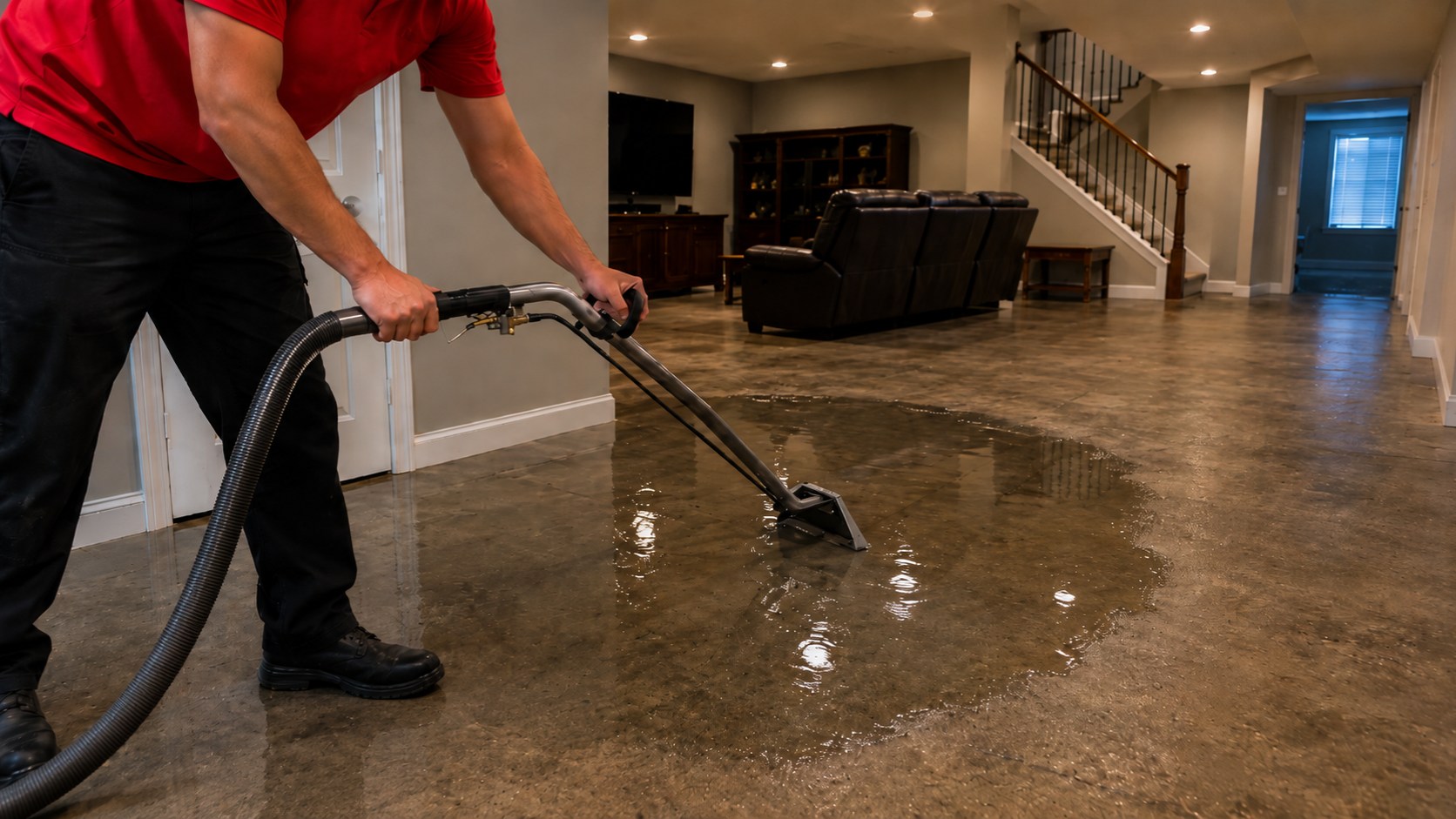 Restoration technician extracting water from a flooded basement in Canada