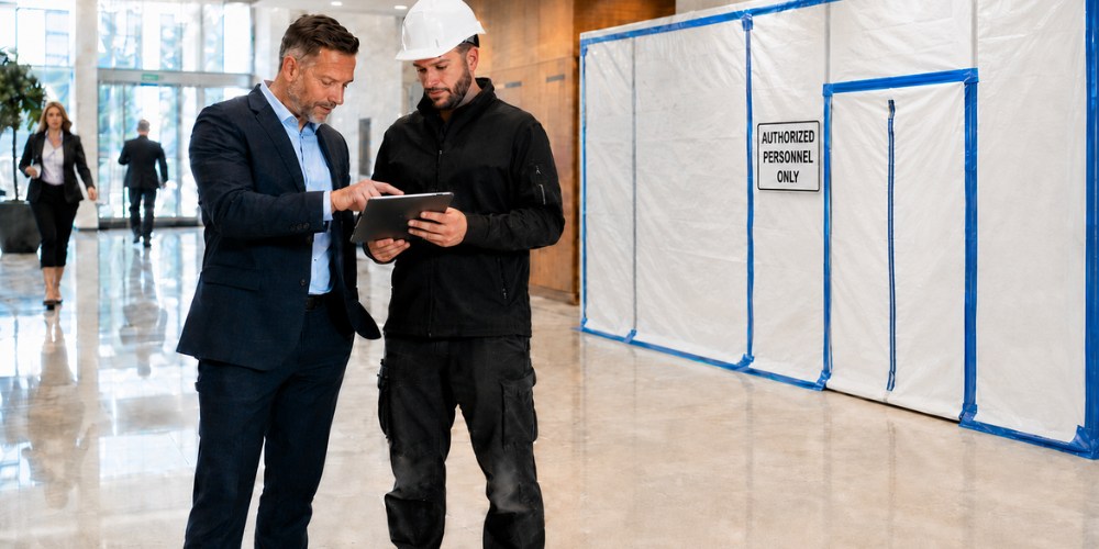 Restoration contractor and property manager reviewing how to reduce business downtime after commercial property damage.