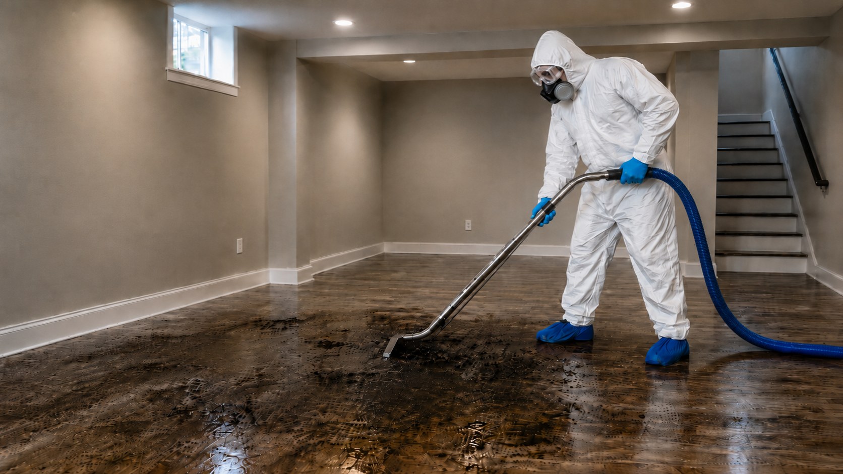 A professional doing sewage backup cleanup in the basement of a home