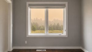 A window of a home showing wildfire smoke outside and wildfire smell in house