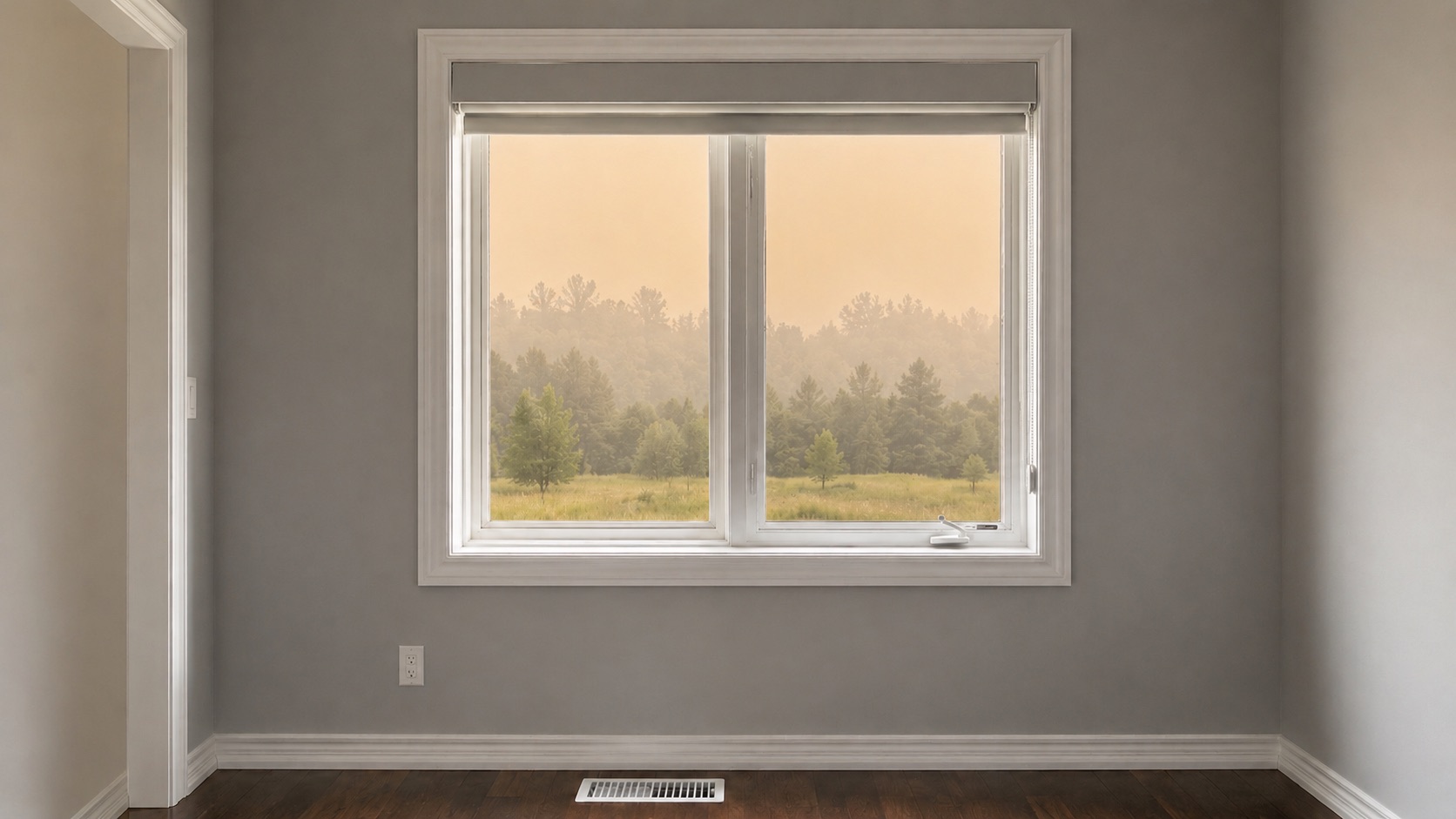 A window of a home showing wildfire smoke outside and wildfire smell in house