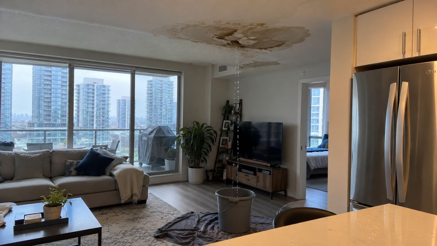 Water damage leaking into a condo from the unit above