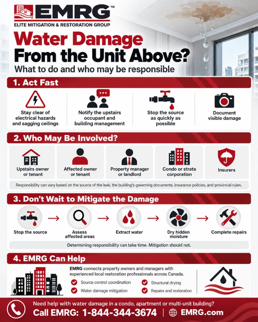 EMRG infographic explaining what to do when water damage comes from the unit above